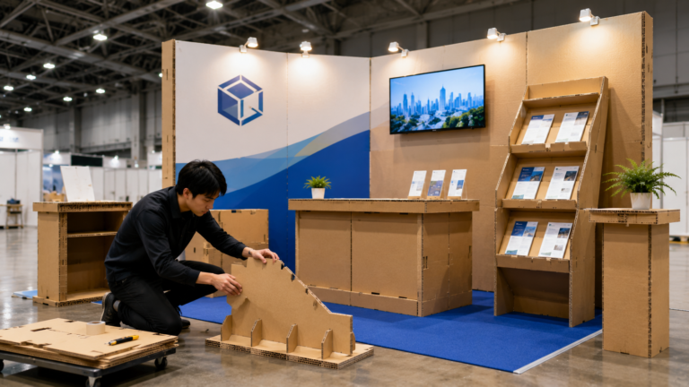 展示会前日でも間に合う！ダンボール什器が1人で設営できる理由